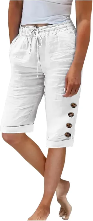 Elastic Waist Linen Shorts Women Knee Length Shorts Button Side Shorts High Waisted Bermuda Shorts with Pockets