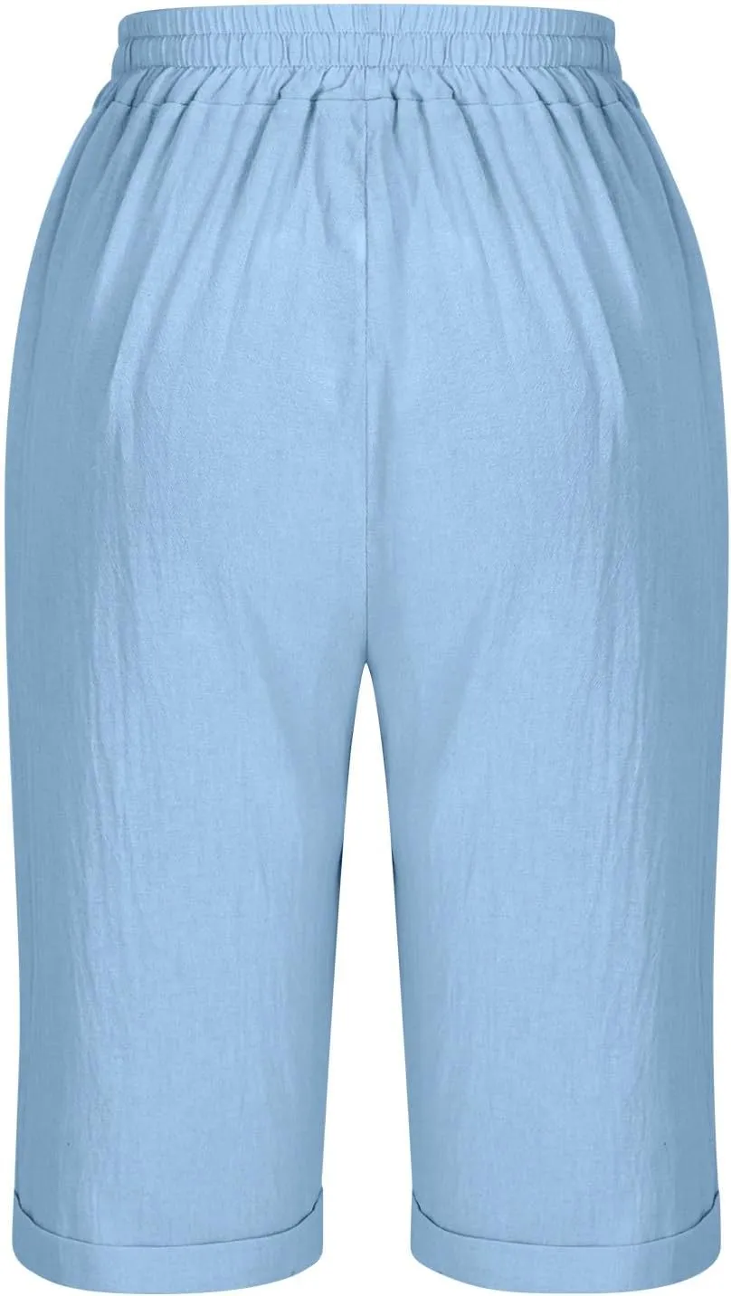 Elastic Waist Linen Shorts Women Knee Length Shorts Button Side Shorts High Waisted Bermuda Shorts with Pockets