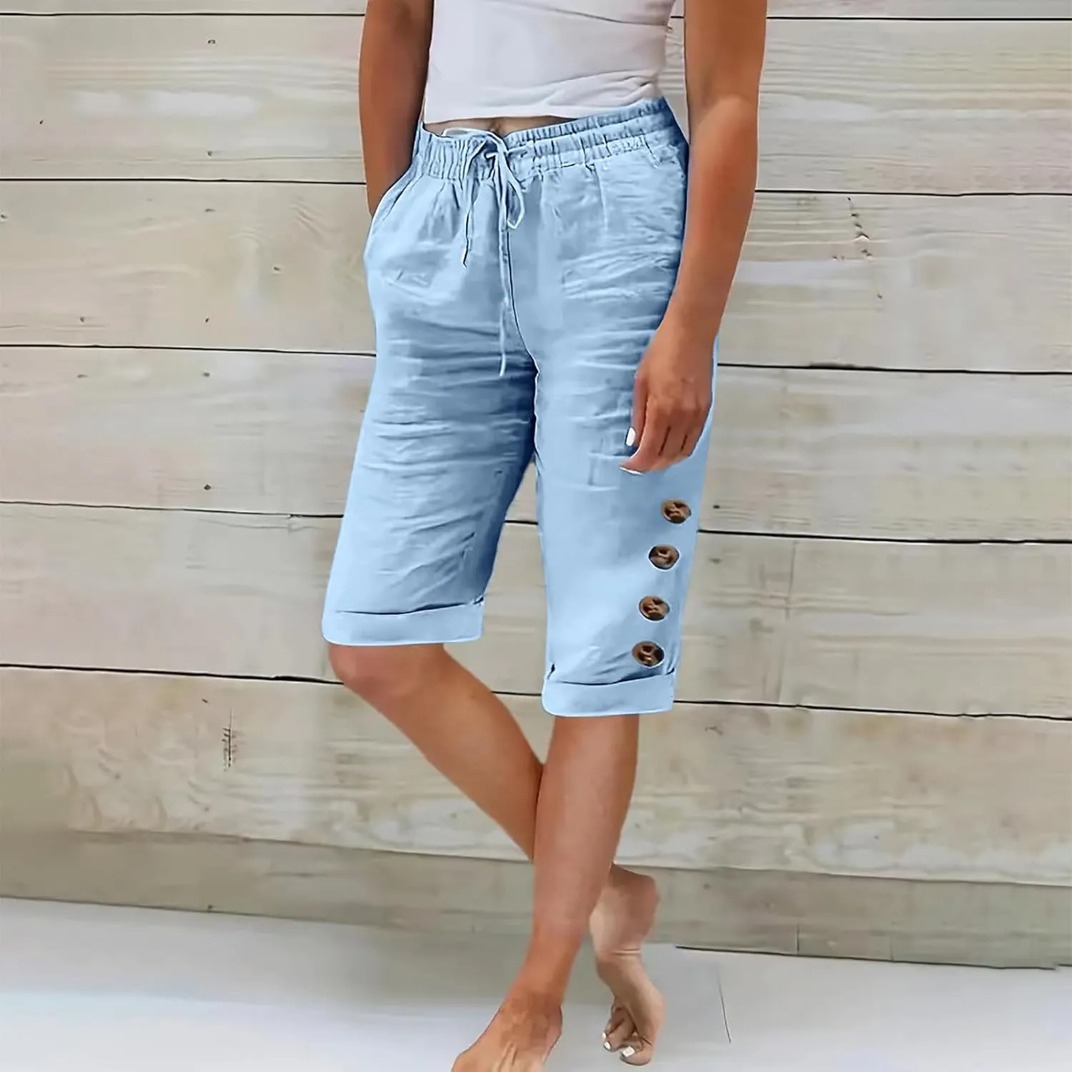 Elastic Waist Linen Shorts Women Knee Length Shorts Button Side Shorts High Waisted Bermuda Shorts with Pockets