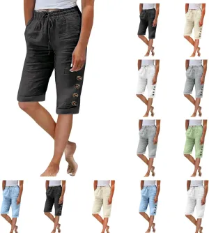 Elastic Waist Linen Shorts Women Knee Length Shorts Button Side Shorts High Waisted Bermuda Shorts with Pockets