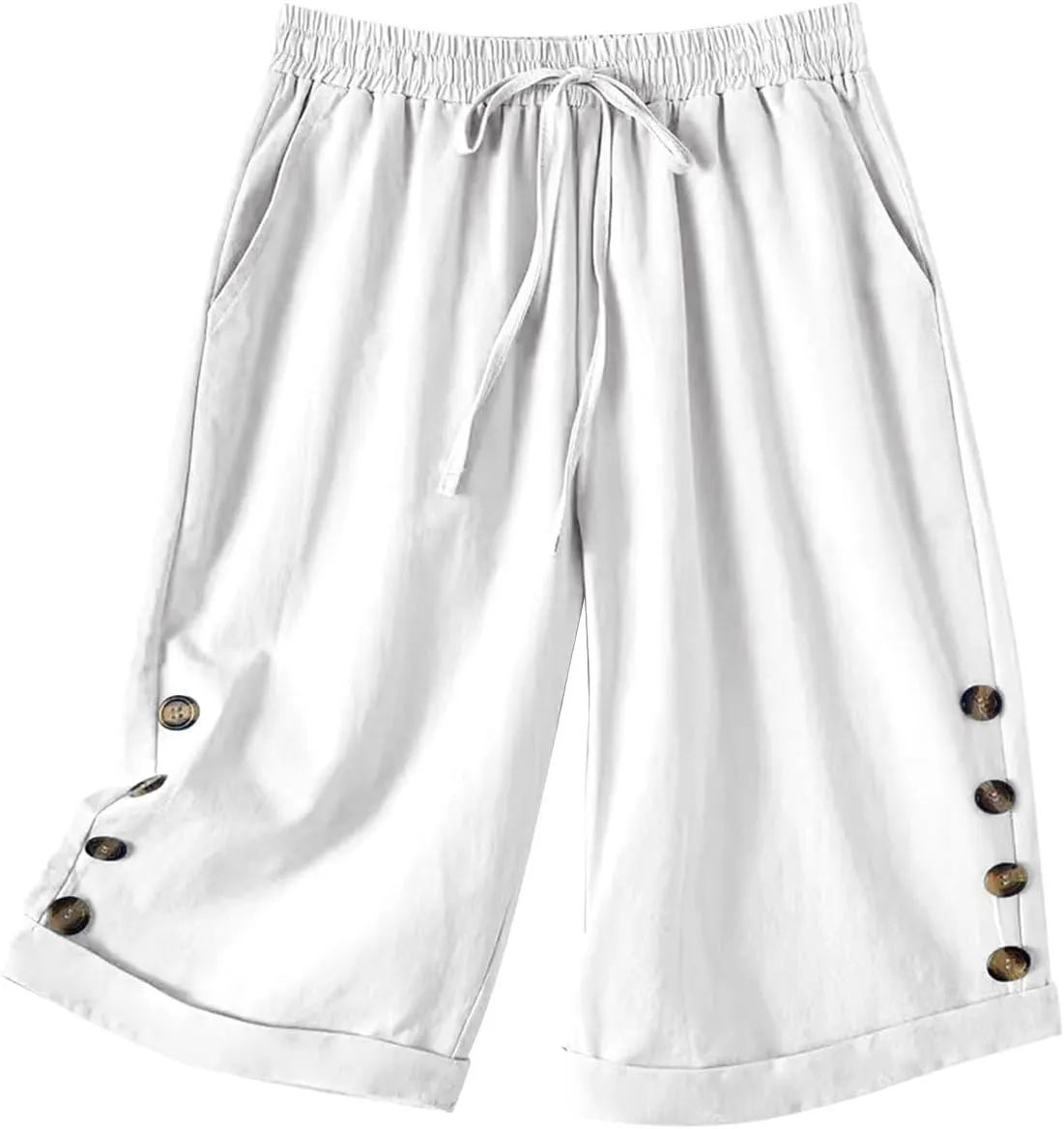 Elastic Waist Linen Shorts Women Knee Length Shorts Button Side Shorts High Waisted Bermuda Shorts with Pockets