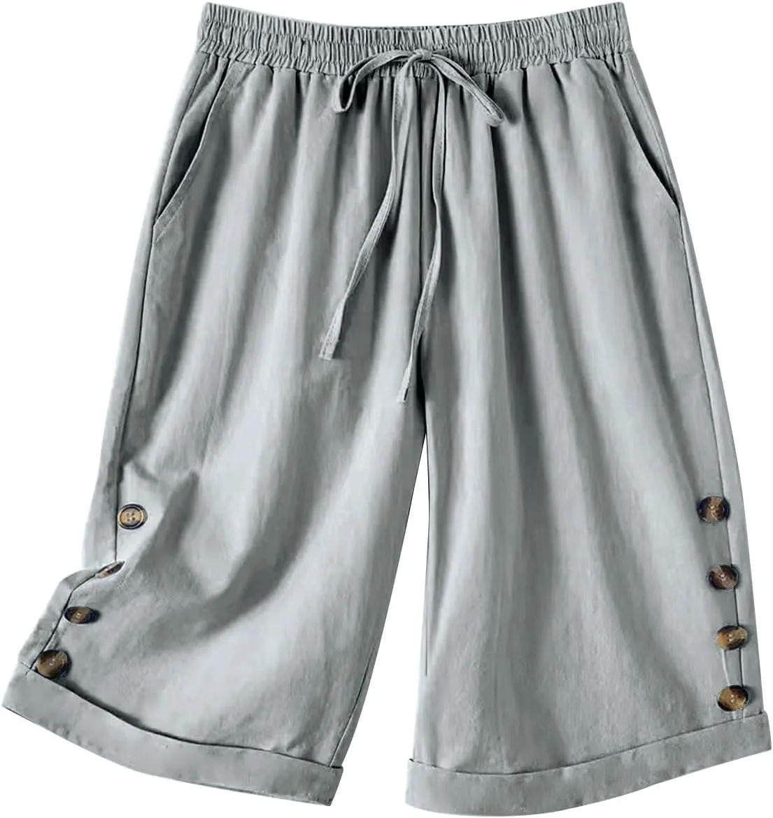 Elastic Waist Linen Shorts Women Knee Length Shorts Button Side Shorts High Waisted Bermuda Shorts with Pockets