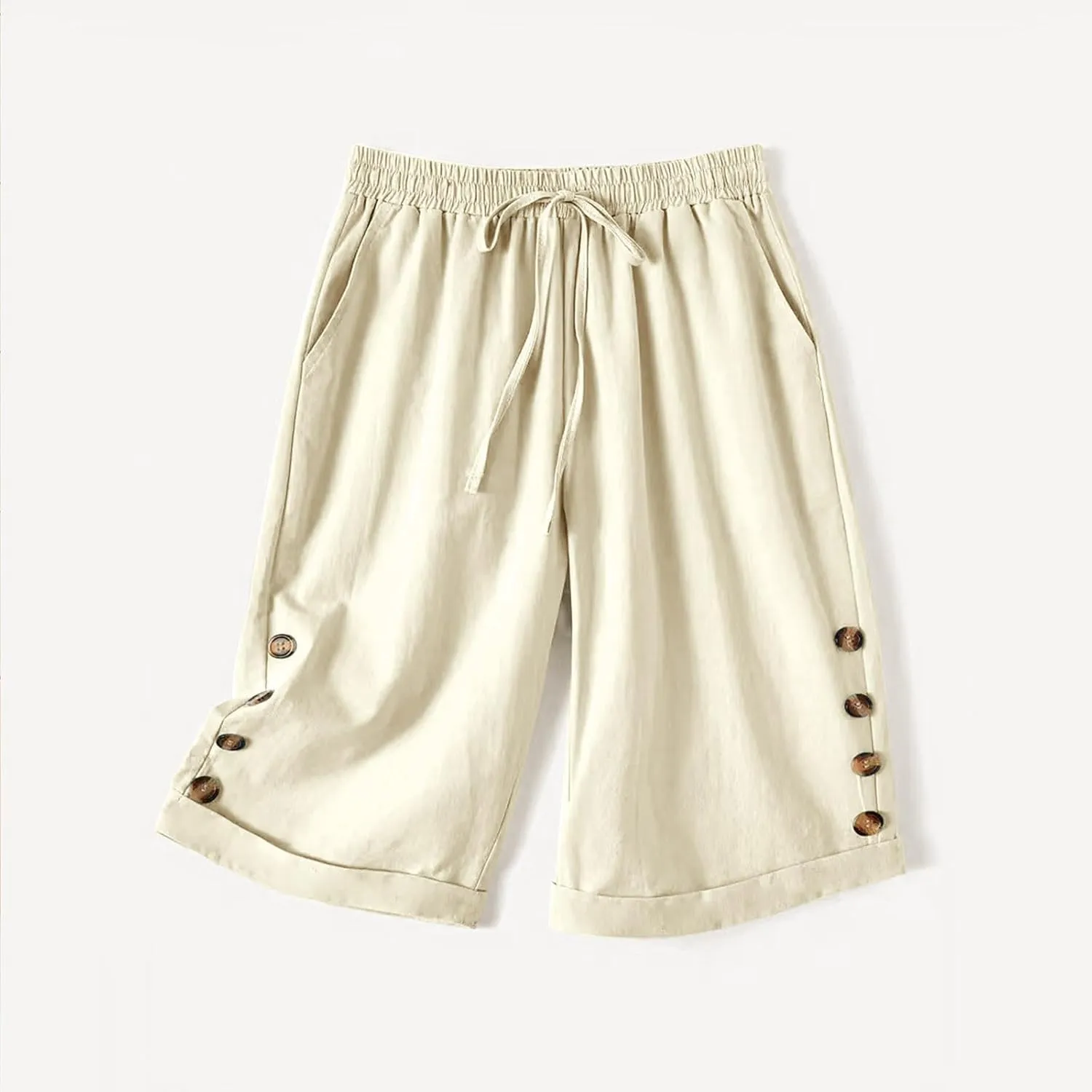 Elastic Waist Linen Shorts Women Knee Length Shorts Button Side Shorts High Waisted Bermuda Shorts with Pockets