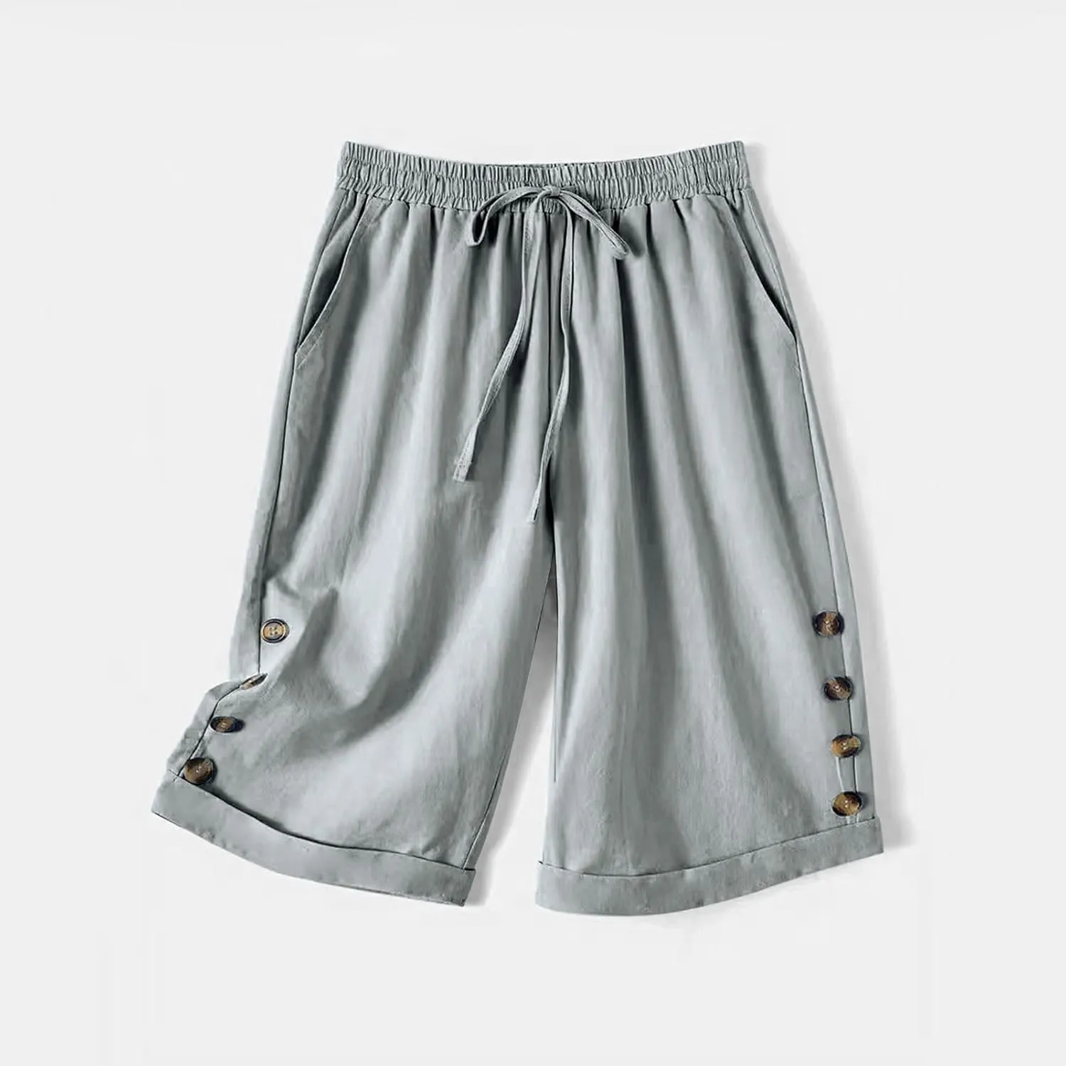 Elastic Waist Linen Shorts Women Knee Length Shorts Button Side Shorts High Waisted Bermuda Shorts with Pockets