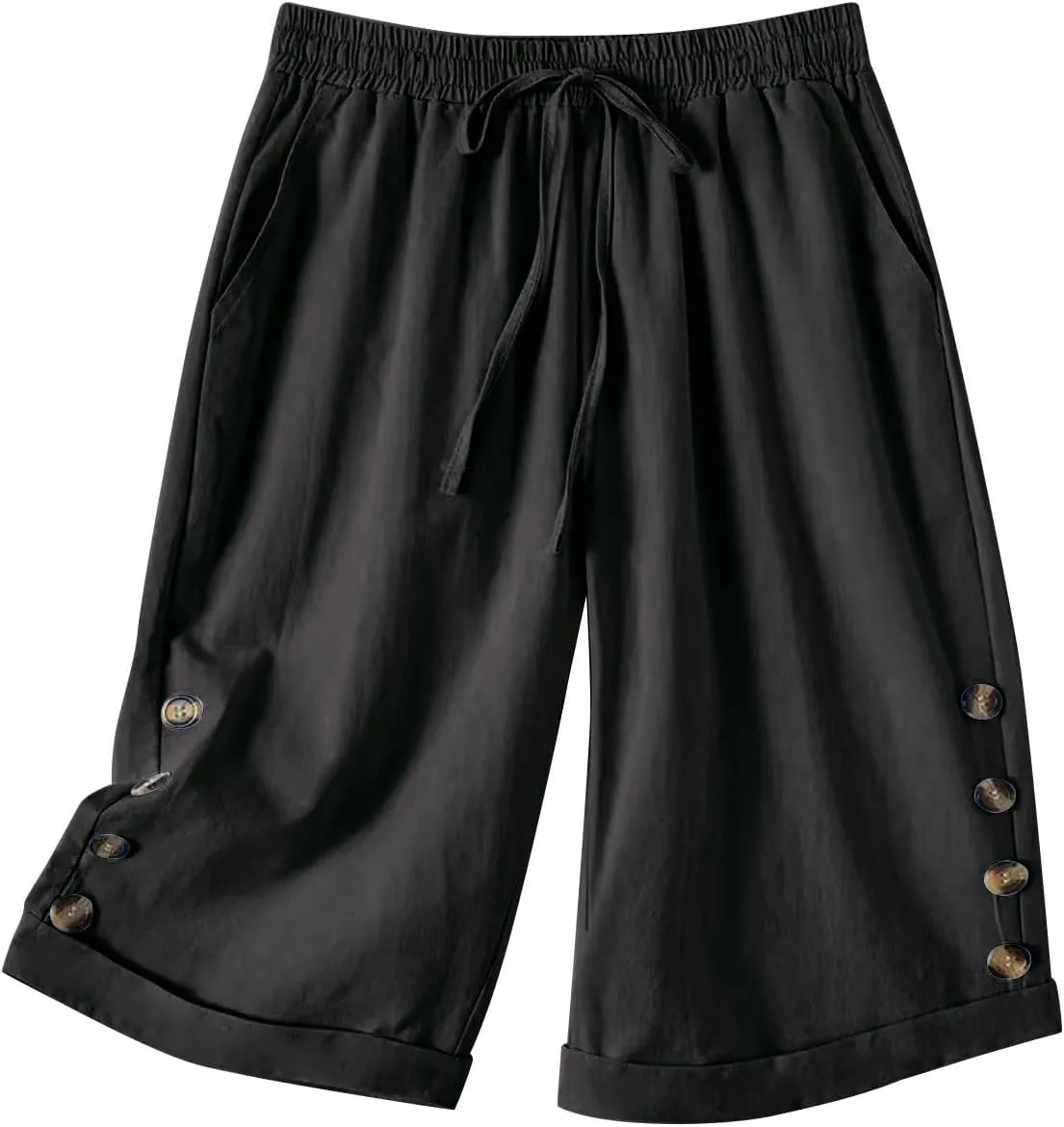 Elastic Waist Linen Shorts Women Knee Length Shorts Button Side Shorts High Waisted Bermuda Shorts with Pockets
