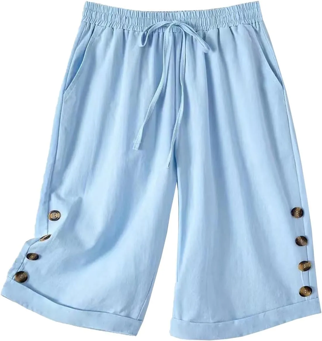 Elastic Waist Linen Shorts Women Knee Length Shorts Button Side Shorts High Waisted Bermuda Shorts with Pockets