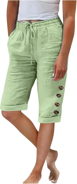 Elastic Waist Linen Shorts Women Knee Length Shorts Button Side Shorts High Waisted Bermuda Shorts with Pockets