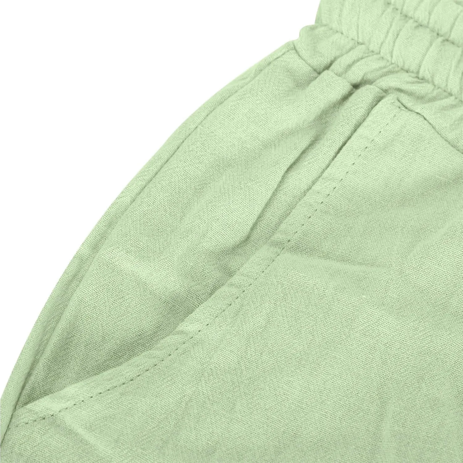Elastic Waist Linen Shorts Women Knee Length Shorts Button Side Shorts High Waisted Bermuda Shorts with Pockets
