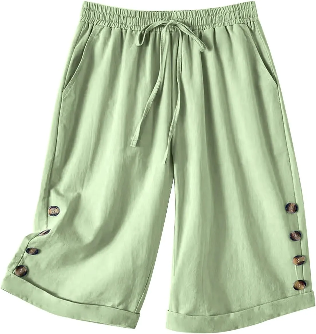 Elastic Waist Linen Shorts Women Knee Length Shorts Button Side Shorts High Waisted Bermuda Shorts with Pockets