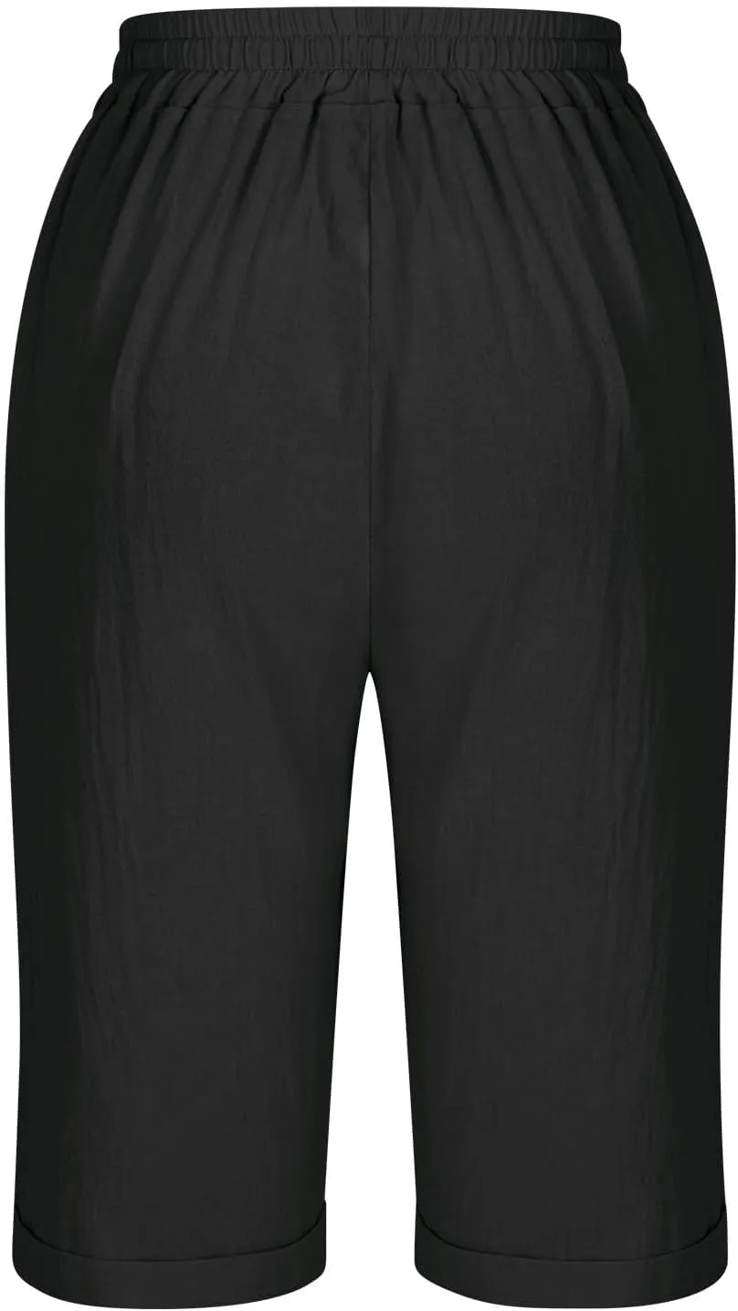 Elastic Waist Linen Shorts Women Knee Length Shorts Button Side Shorts High Waisted Bermuda Shorts with Pockets