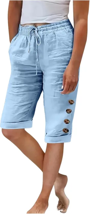 Elastic Waist Linen Shorts Women Knee Length Shorts Button Side Shorts High Waisted Bermuda Shorts with Pockets