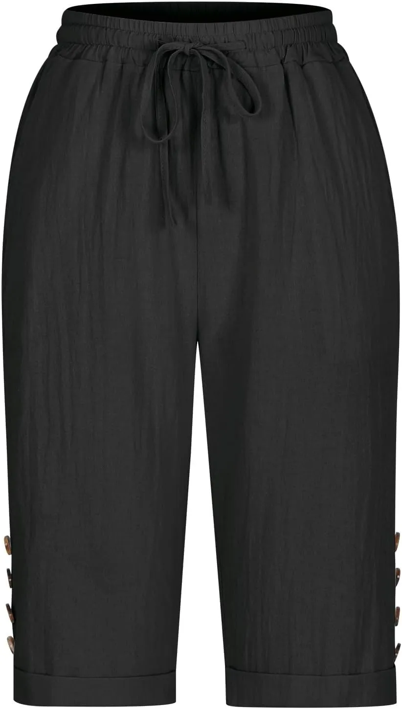 Elastic Waist Linen Shorts Women Knee Length Shorts Button Side Shorts High Waisted Bermuda Shorts with Pockets
