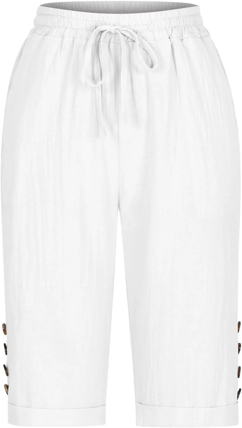 Elastic Waist Linen Shorts Women Knee Length Shorts Button Side Shorts High Waisted Bermuda Shorts with Pockets