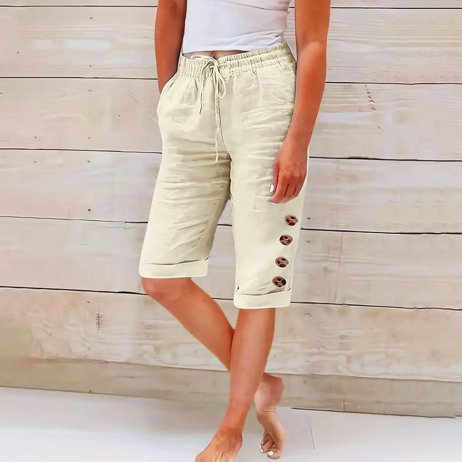 Elastic Waist Linen Shorts Women Knee Length Shorts Button Side Shorts High Waisted Bermuda Shorts with Pockets