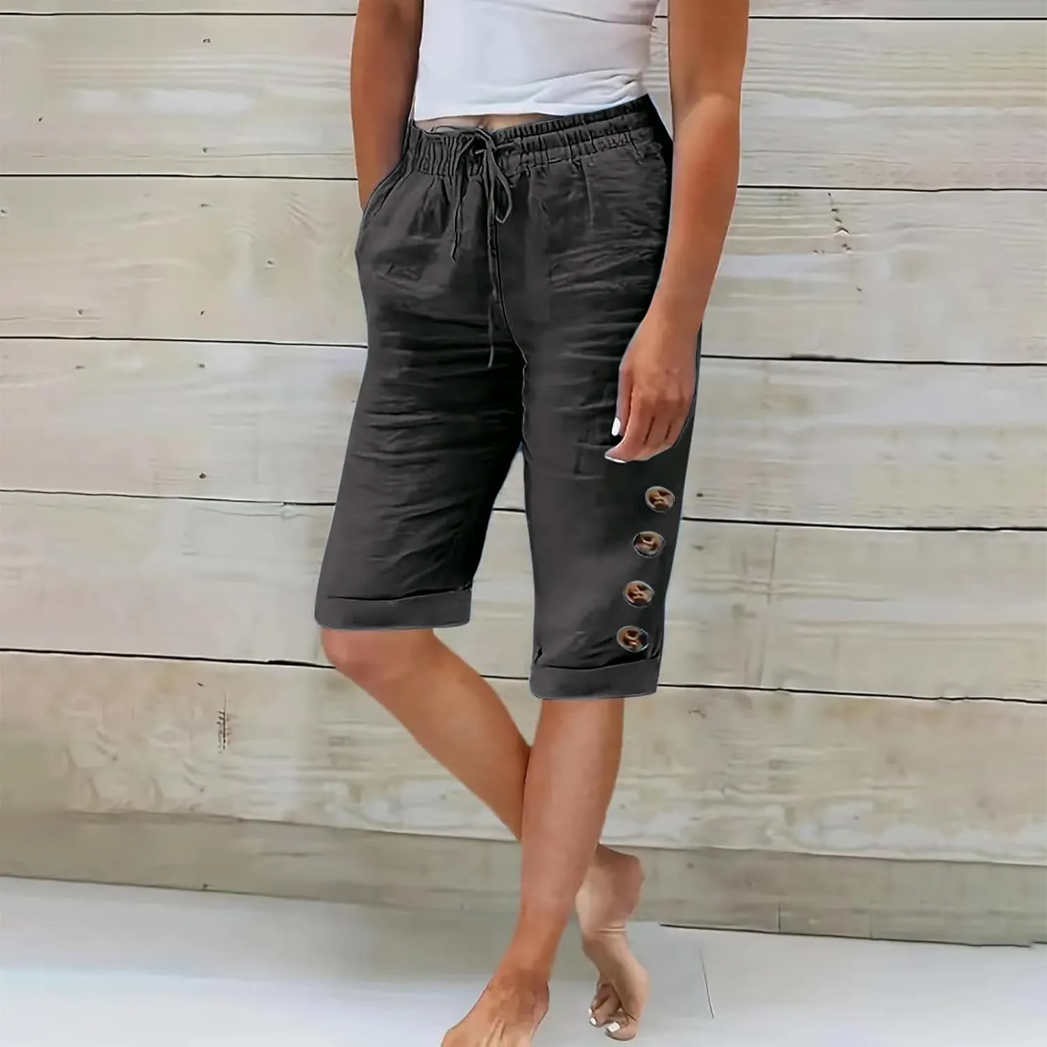 Elastic Waist Linen Shorts Women Knee Length Shorts Button Side Shorts High Waisted Bermuda Shorts with Pockets