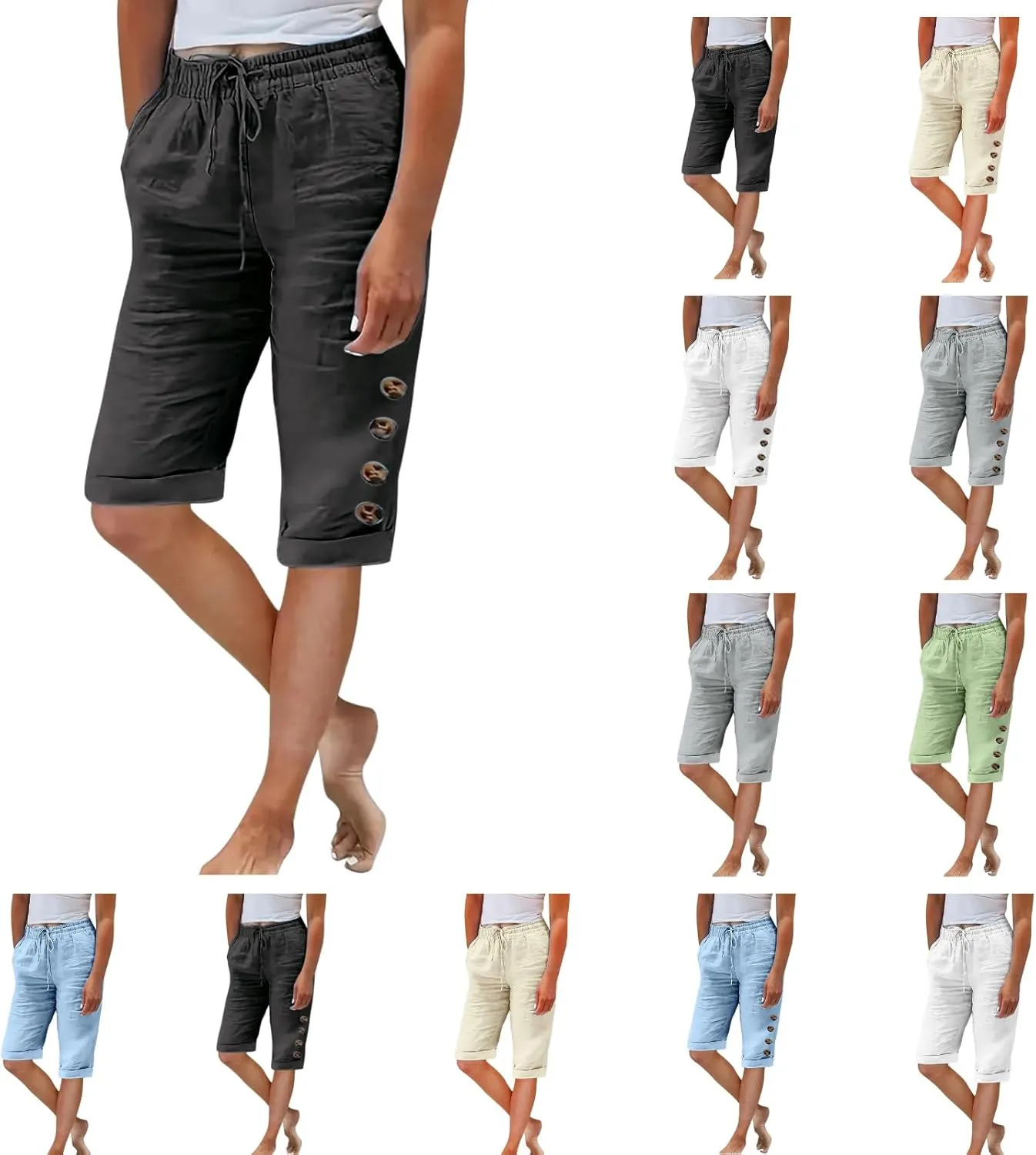 Elastic Waist Linen Shorts Women Knee Length Shorts Button Side Shorts High Waisted Bermuda Shorts with Pockets