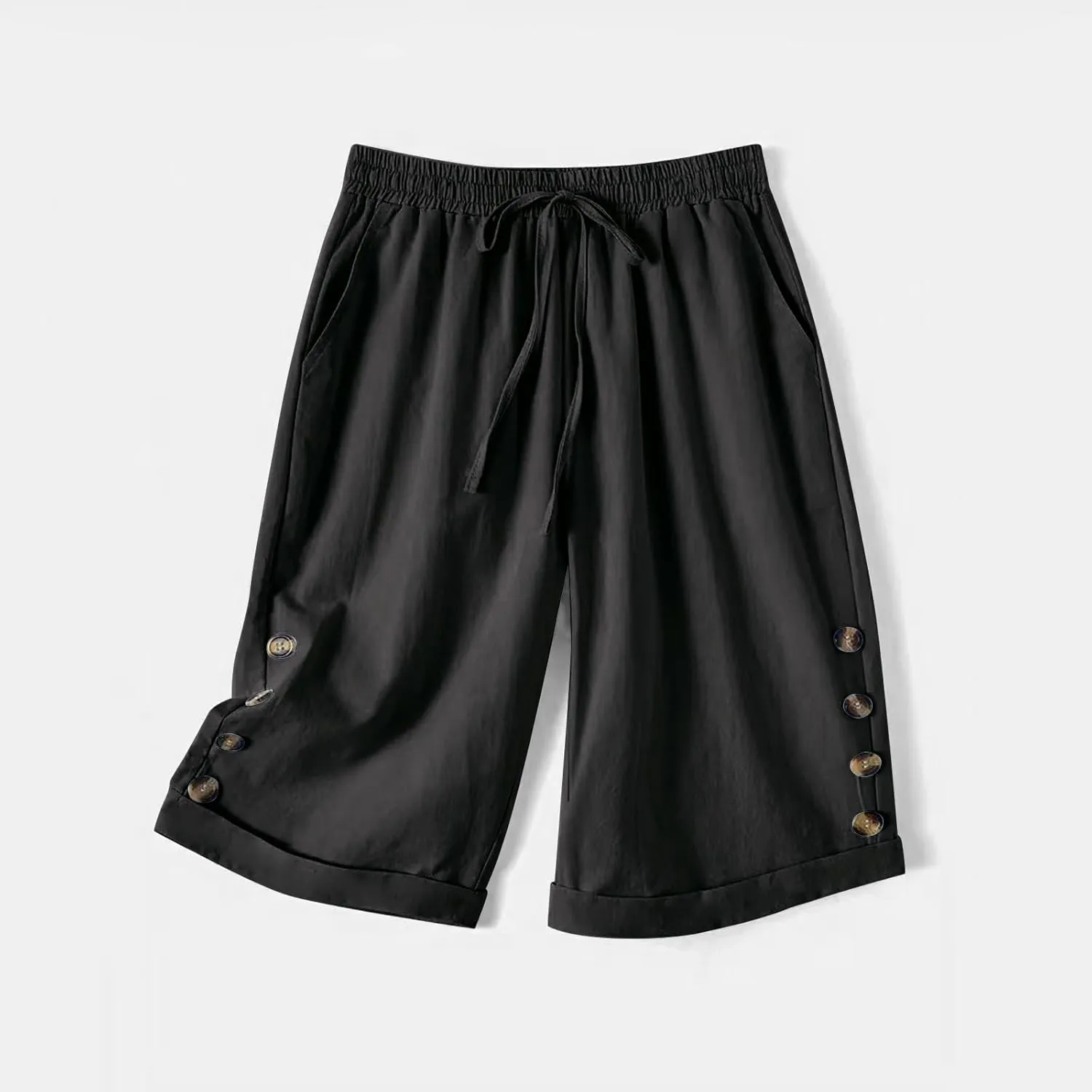 Elastic Waist Linen Shorts Women Knee Length Shorts Button Side Shorts High Waisted Bermuda Shorts with Pockets