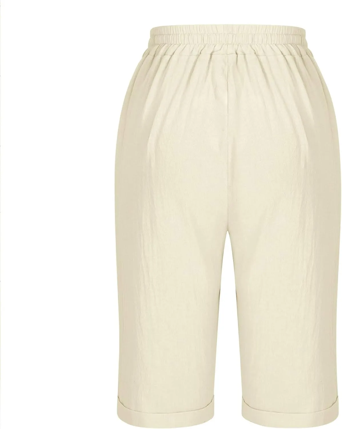 Elastic Waist Linen Shorts Women Knee Length Shorts Button Side Shorts High Waisted Bermuda Shorts with Pockets