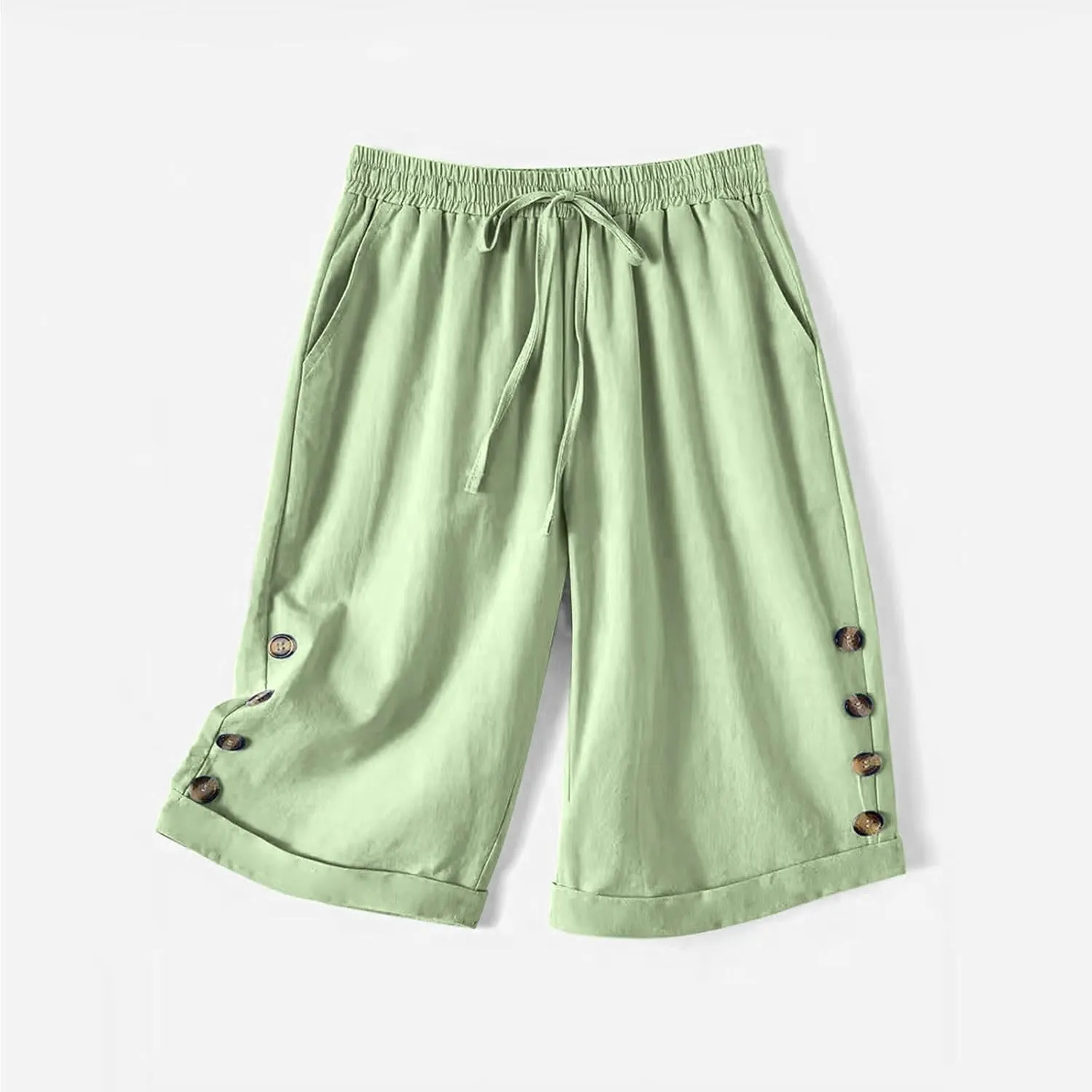 Elastic Waist Linen Shorts Women Knee Length Shorts Button Side Shorts High Waisted Bermuda Shorts with Pockets