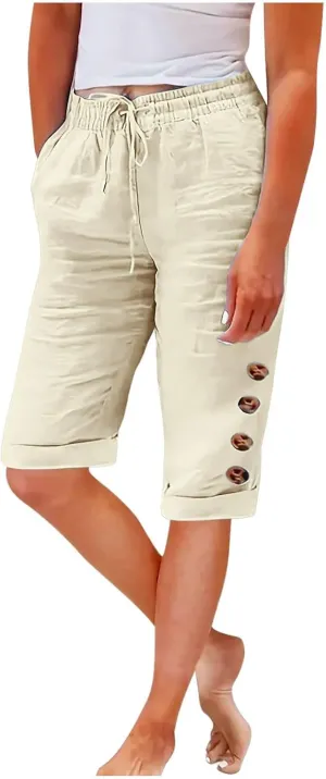 Elastic Waist Linen Shorts Women Knee Length Shorts Button Side Shorts High Waisted Bermuda Shorts with Pockets
