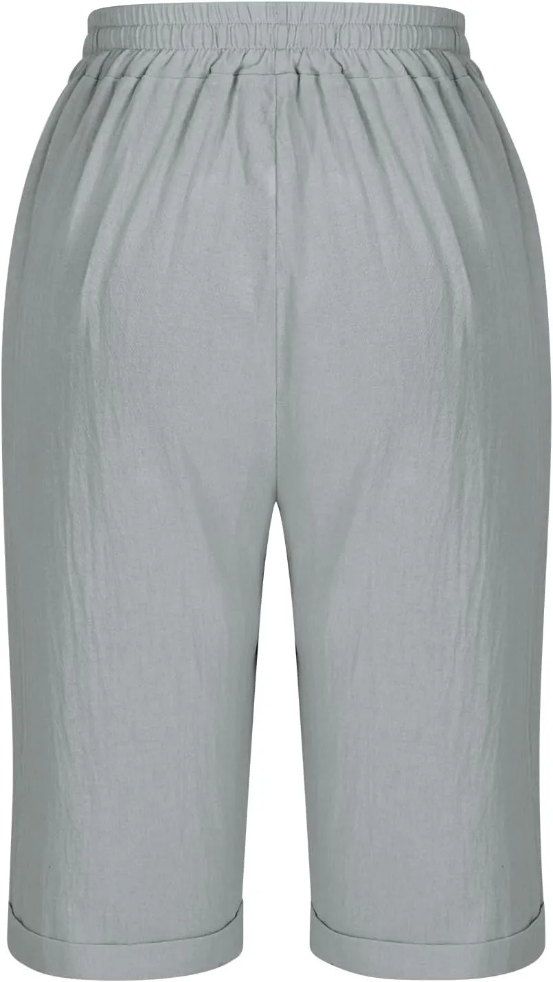 Elastic Waist Linen Shorts Women Knee Length Shorts Button Side Shorts High Waisted Bermuda Shorts with Pockets