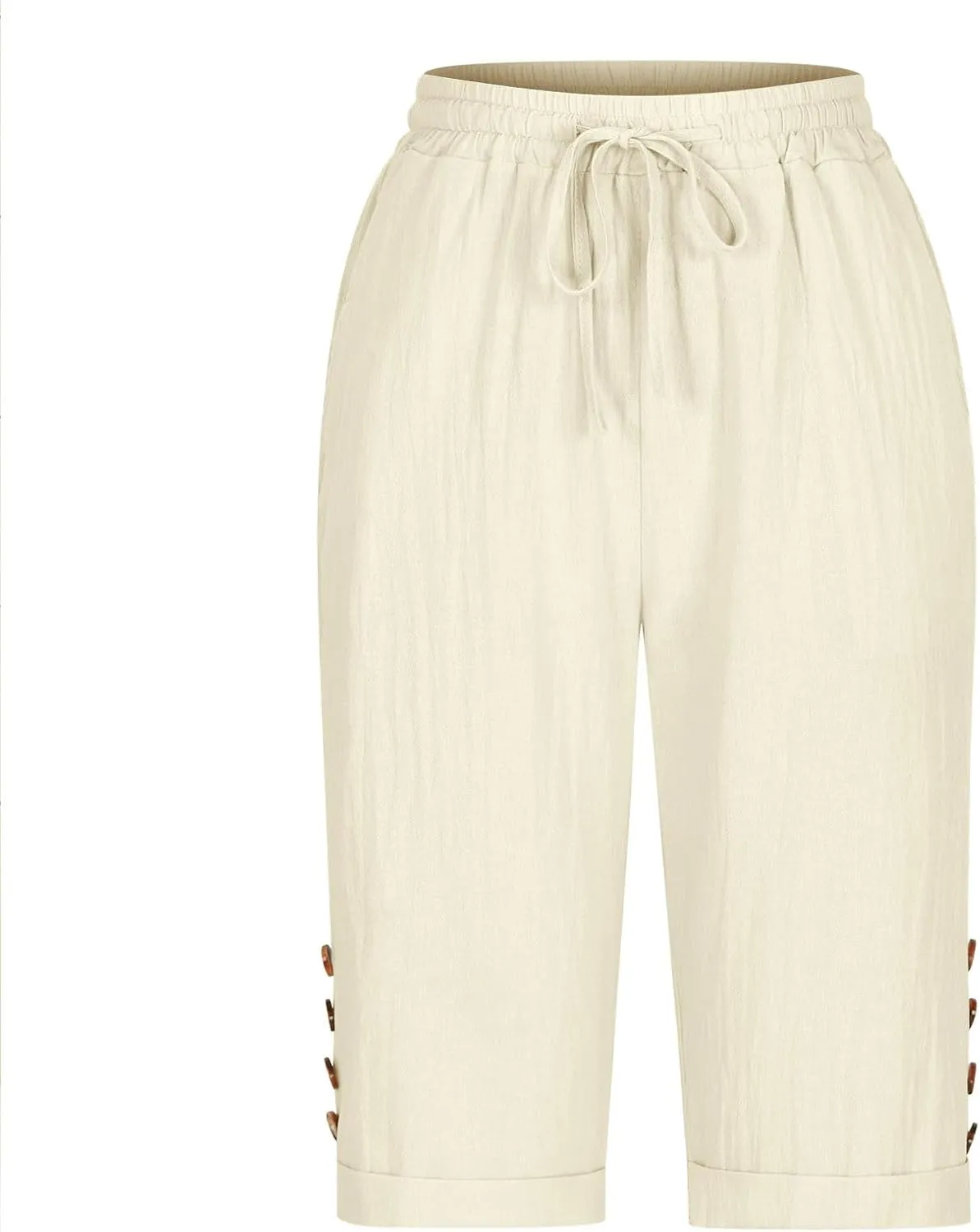 Elastic Waist Linen Shorts Women Knee Length Shorts Button Side Shorts High Waisted Bermuda Shorts with Pockets