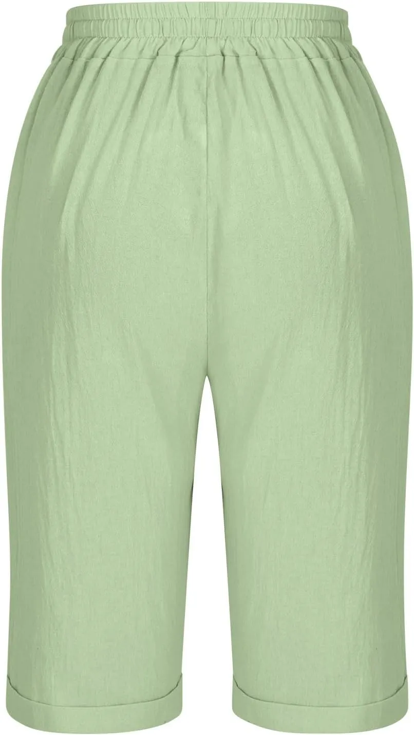 Elastic Waist Linen Shorts Women Knee Length Shorts Button Side Shorts High Waisted Bermuda Shorts with Pockets
