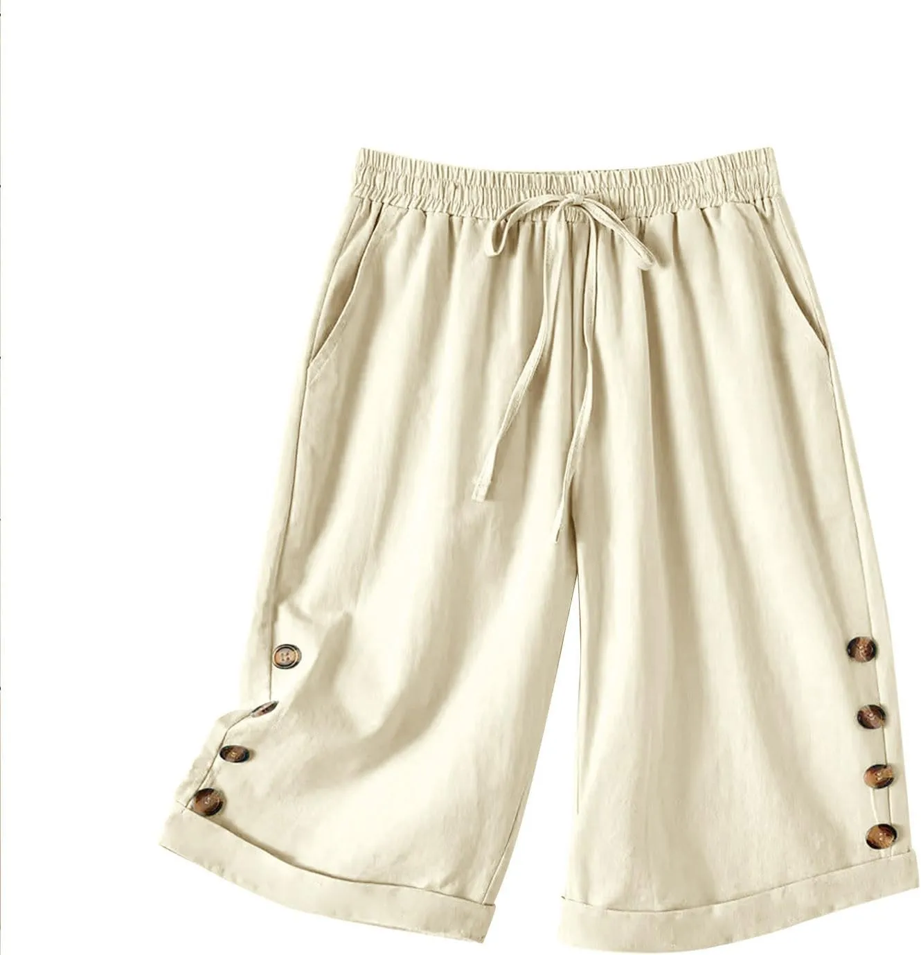 Elastic Waist Linen Shorts Women Knee Length Shorts Button Side Shorts High Waisted Bermuda Shorts with Pockets