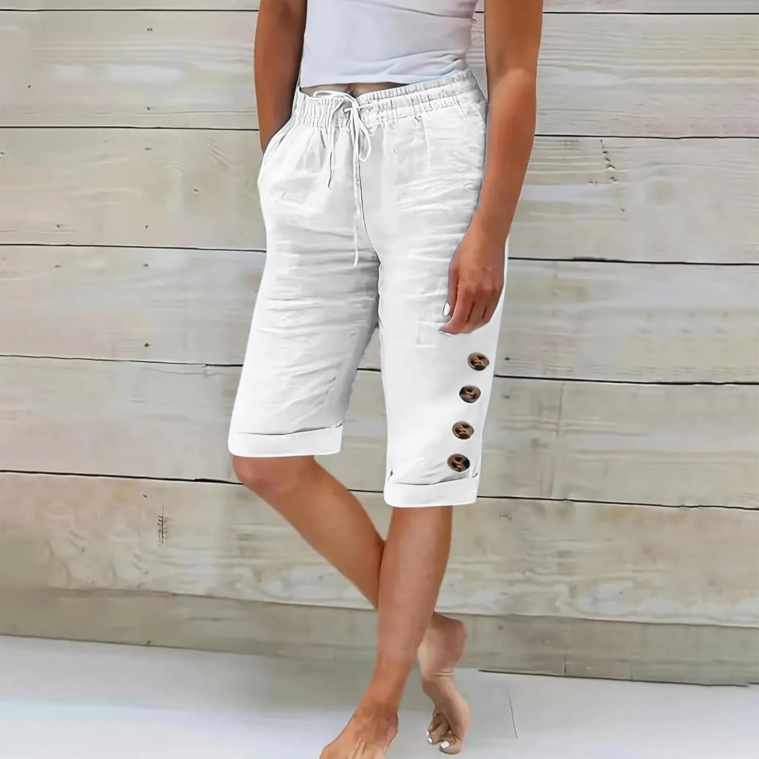 Elastic Waist Linen Shorts Women Knee Length Shorts Button Side Shorts High Waisted Bermuda Shorts with Pockets
