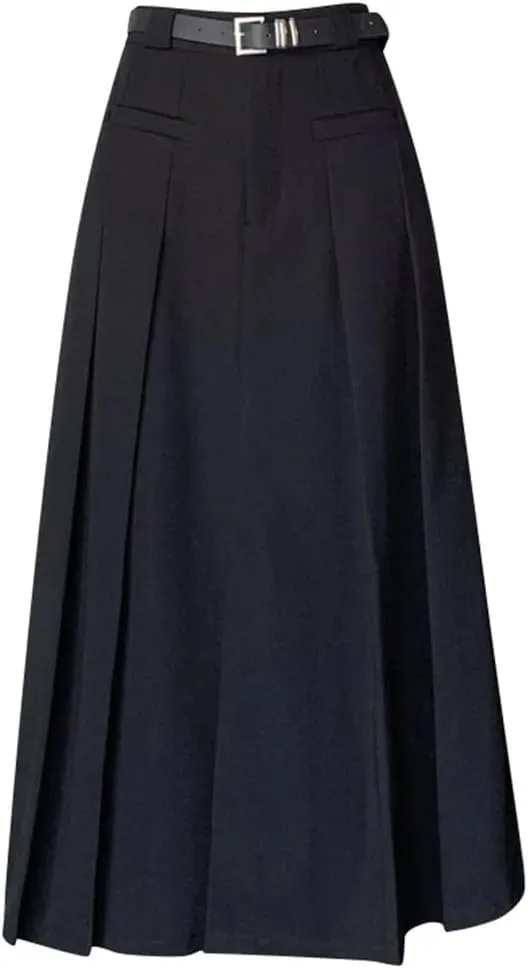 Elegant High Waist A-Line Midi Skirt for Women - Pleated Long Skirt in Black for Autumn/Winter