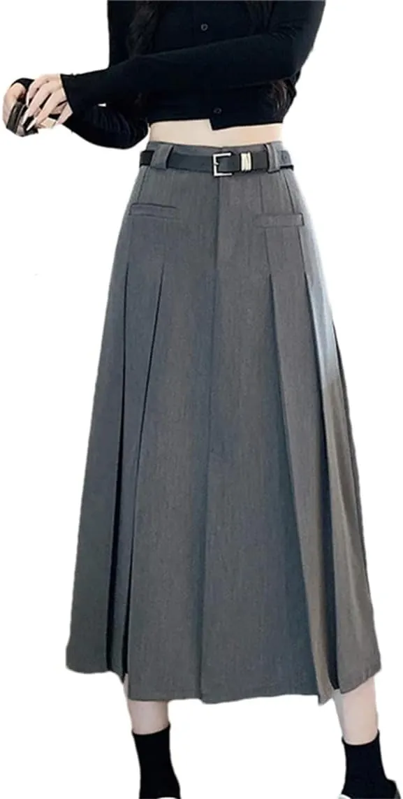 Elegant High Waist A-Line Midi Skirt for Women - Pleated Long Skirt in Black for Autumn/Winter