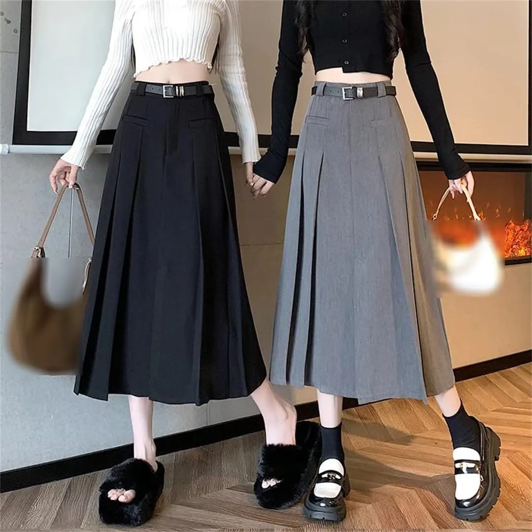 Elegant High Waist A-Line Midi Skirt for Women - Pleated Long Skirt in Black for Autumn/Winter
