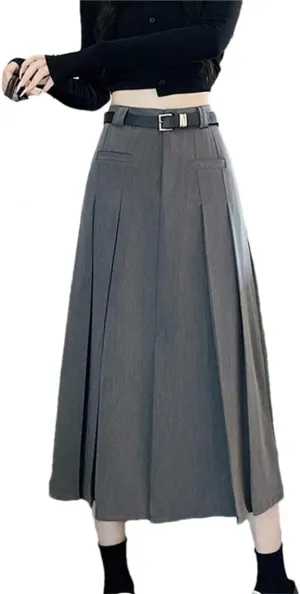 Elegant High Waist A-Line Midi Skirt for Women - Pleated Long Skirt in Black for Autumn/Winter