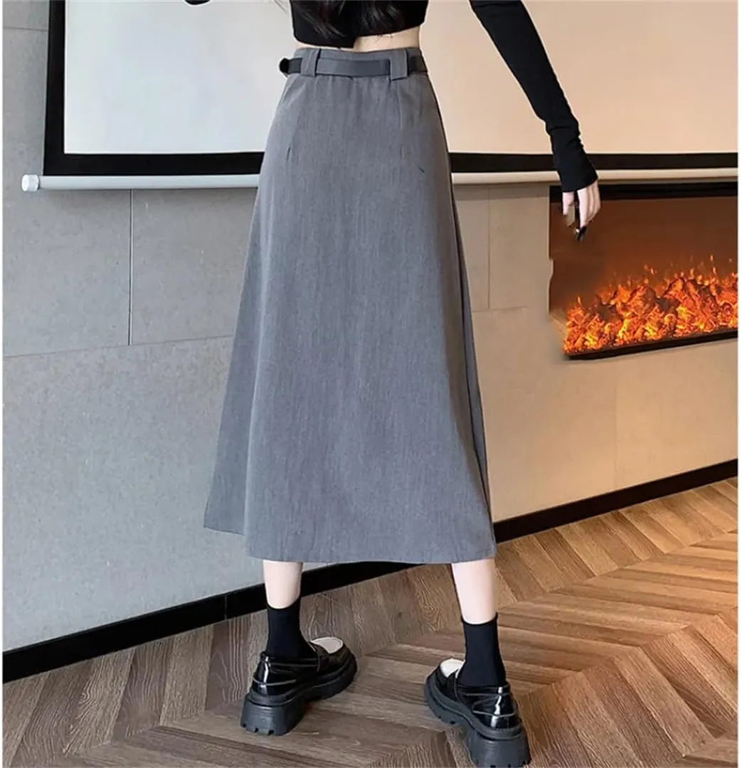 Elegant High Waist A-Line Midi Skirt for Women - Pleated Long Skirt in Black for Autumn/Winter