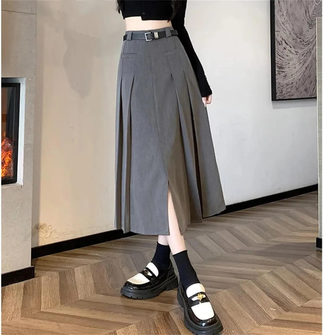 Elegant High Waist A-Line Midi Skirt for Women - Pleated Long Skirt in Black for Autumn/Winter