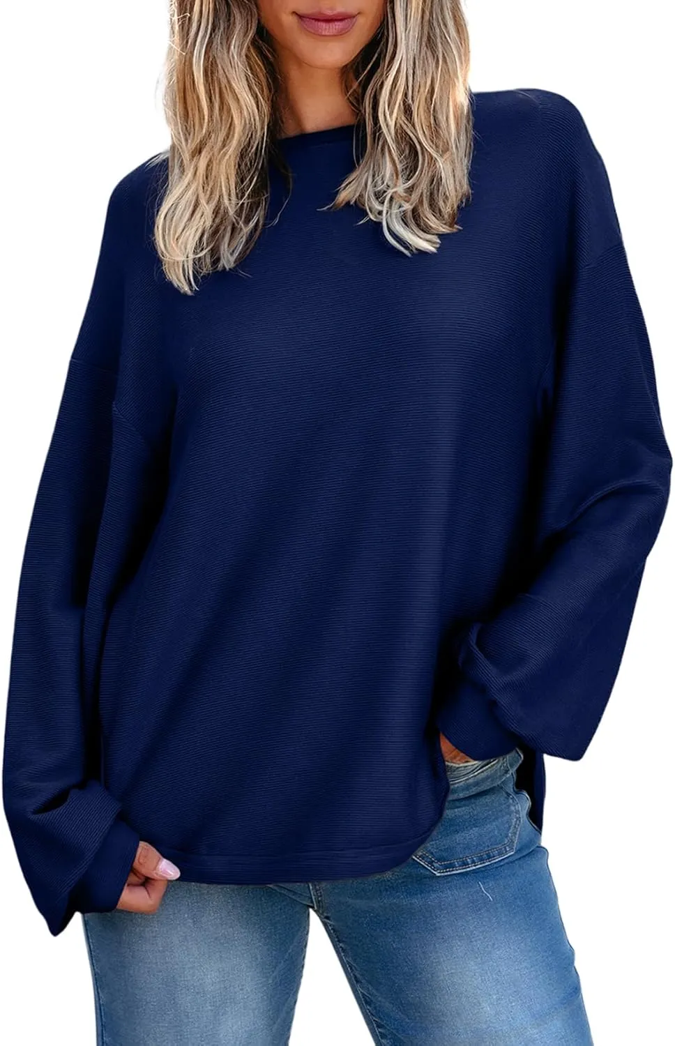 EVALESS Women's Long Sleeve Shirts Oversized Crewneck Trendy Tee Shirts Tops