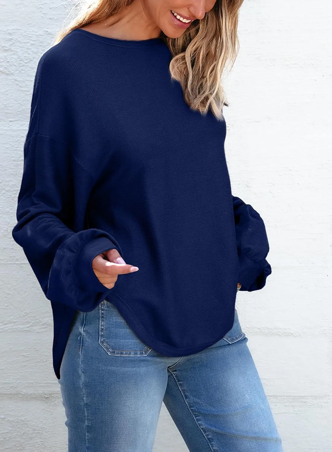 EVALESS Women's Long Sleeve Shirts Oversized Crewneck Trendy Tee Shirts Tops