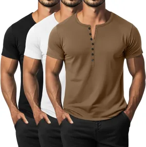 Ficerd 3 Pack Men's Big & Tall T-Shirts, Summer Short Sleeve Henley Shirts Casual Classic Vneck Button Oversized Tee Shirts