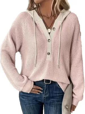 Flamingals Women's Waffle Knit Tops Long Sleeve V Neck Casual Oversized Lightweight Pink Tunic