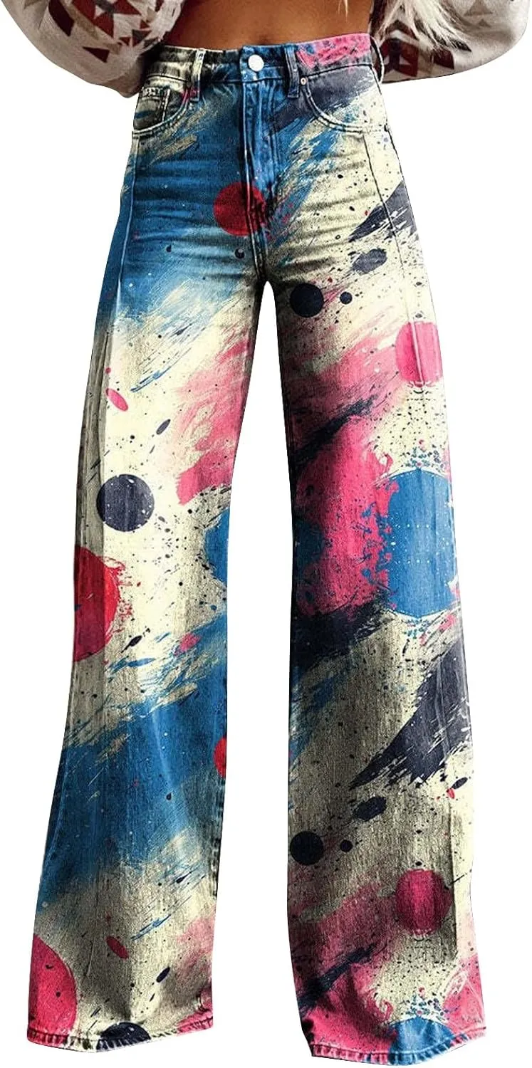 Flare Jeans for Women Flower Print Cute Trendy Wide Leg Baggy Pants High Waisted Flared Denim Trouser Vintage Jeans