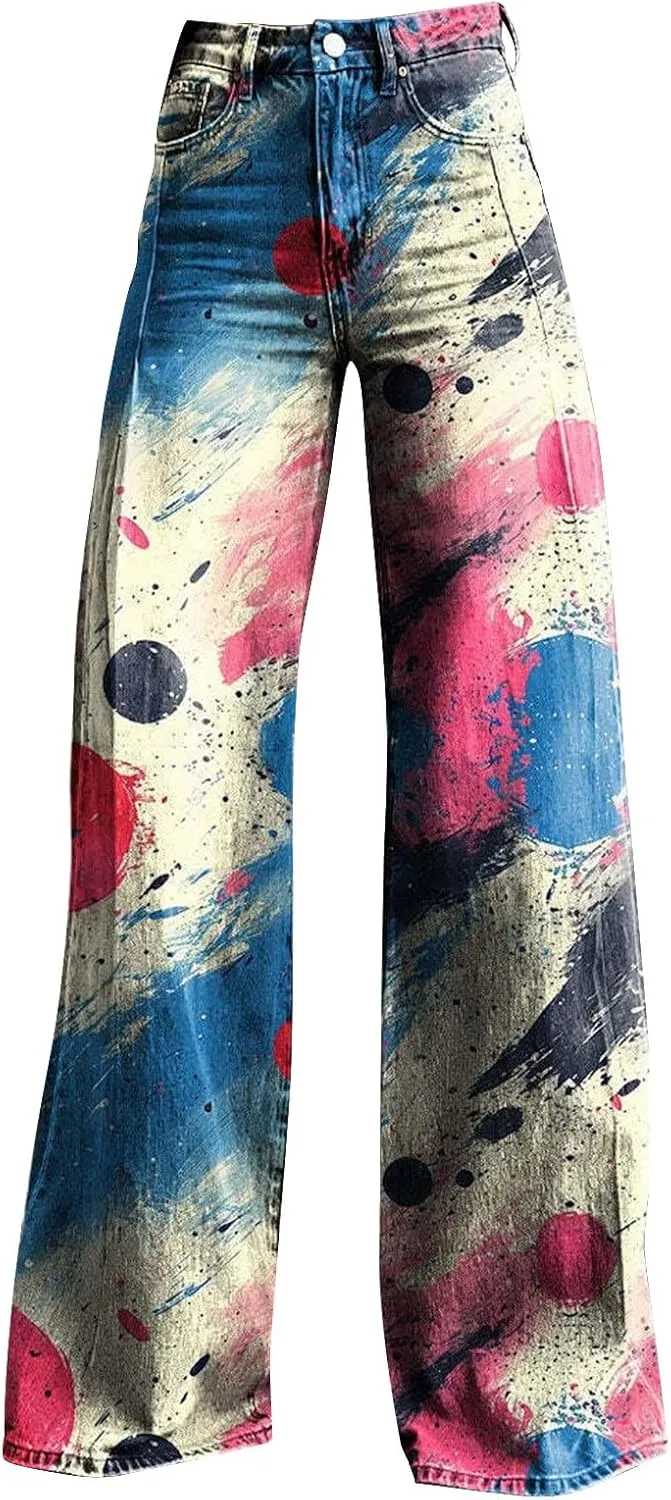 Flare Jeans for Women Flower Print Cute Trendy Wide Leg Baggy Pants High Waisted Flared Denim Trouser Vintage Jeans