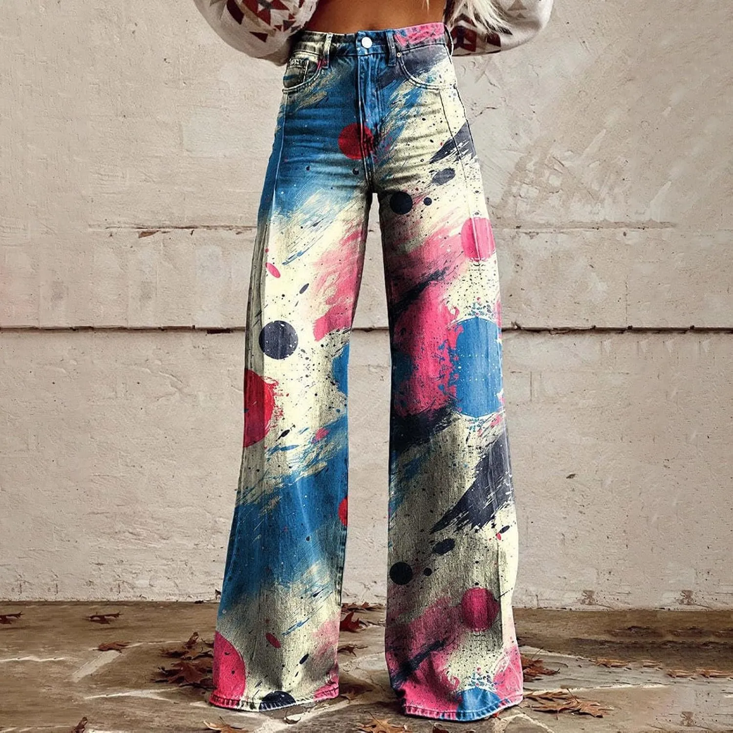 Flare Jeans for Women Flower Print Cute Trendy Wide Leg Baggy Pants High Waisted Flared Denim Trouser Vintage Jeans