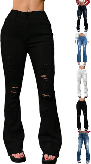 Flare Ripped Jeans Womens High Waisted Bell Bottom Distressed Jeans Skinny Bootcut Pants Denim Pants with Pockets