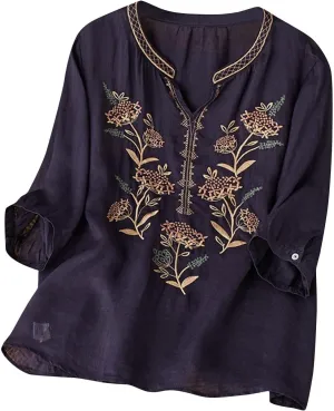 Floral Embroidery Cotton Linen Shirts Women Short Sleeve V Neck Peasant Tops Boho Ethnic Style Blouses 2025 Tshirts