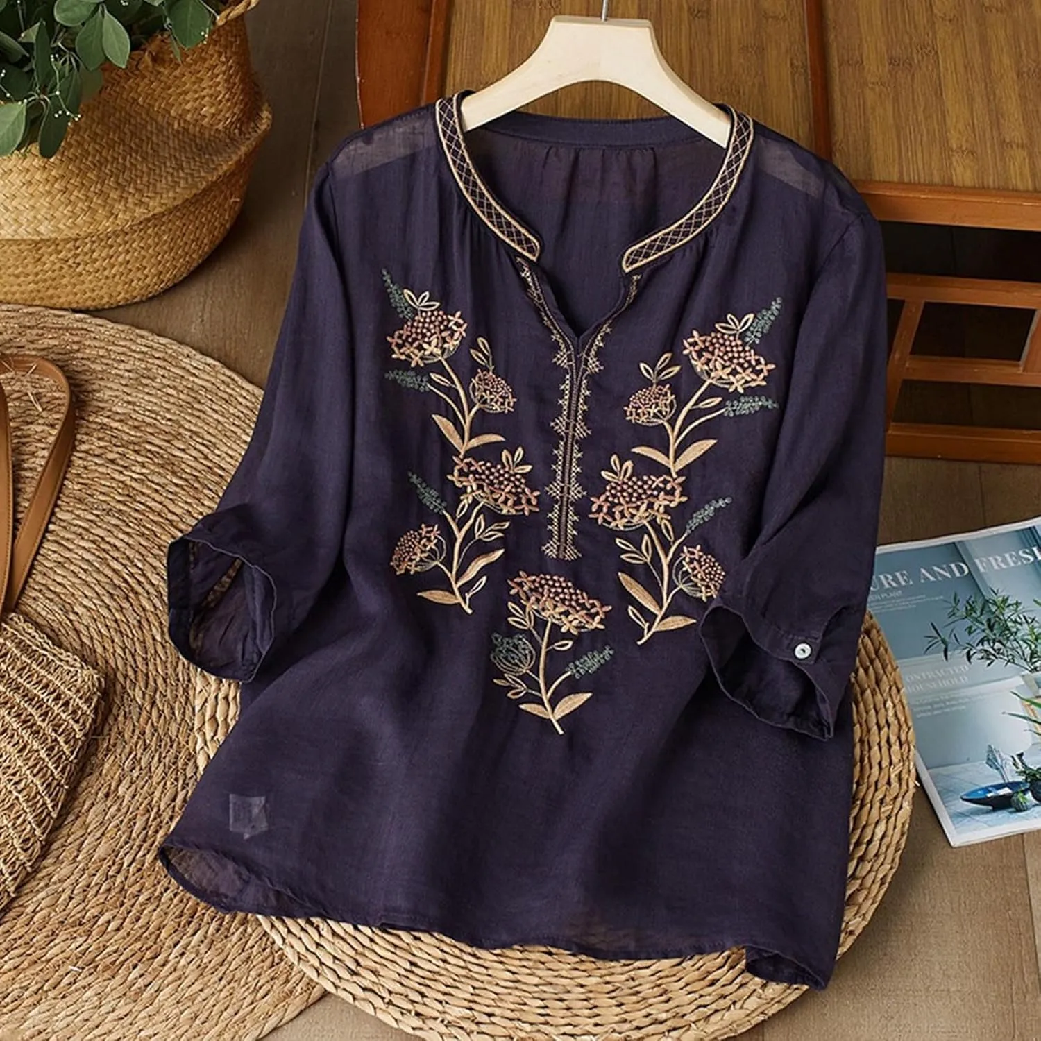 Floral Embroidery Cotton Linen Shirts Women Short Sleeve V Neck Peasant Tops Boho Ethnic Style Blouses 2025 Tshirts