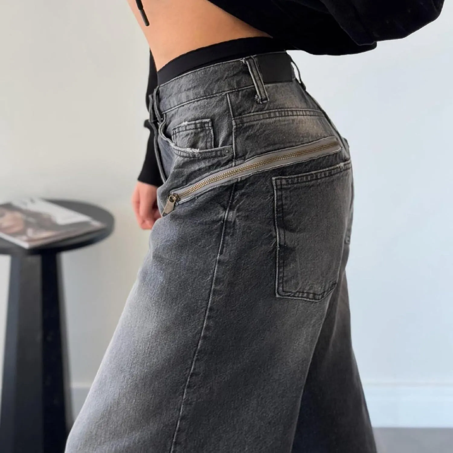 FZVYD Womens Baggy Barrel Jeans High Waisted Wide Leg Zipper Loose Boyfriend Stretchy Denim Pants Hip Hop Skateboard Trousers