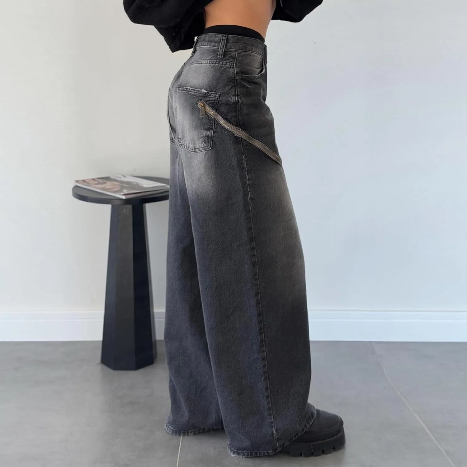 FZVYD Womens Baggy Barrel Jeans High Waisted Wide Leg Zipper Loose Boyfriend Stretchy Denim Pants Hip Hop Skateboard Trousers