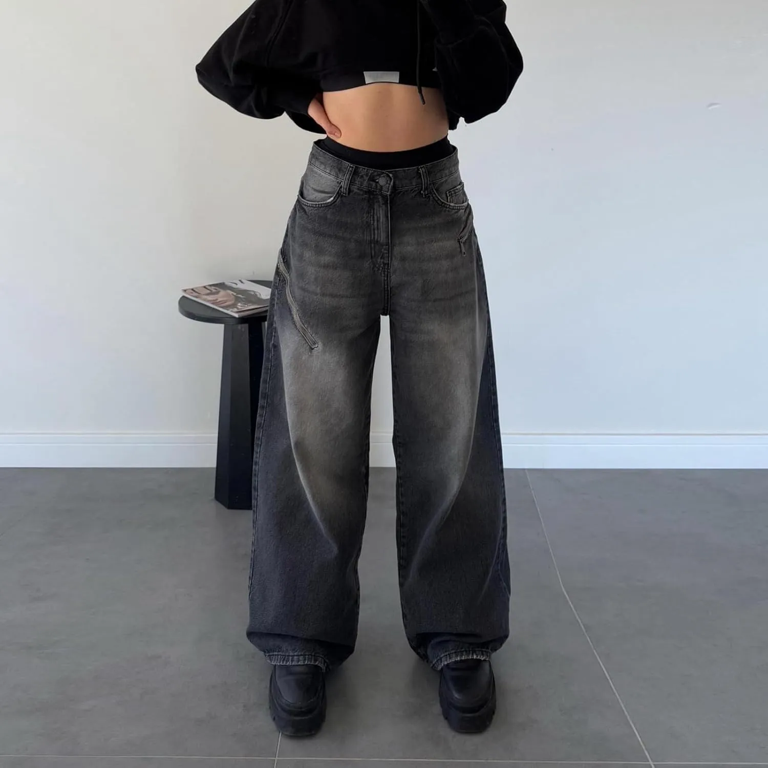 FZVYD Womens Baggy Barrel Jeans High Waisted Wide Leg Zipper Loose Boyfriend Stretchy Denim Pants Hip Hop Skateboard Trousers
