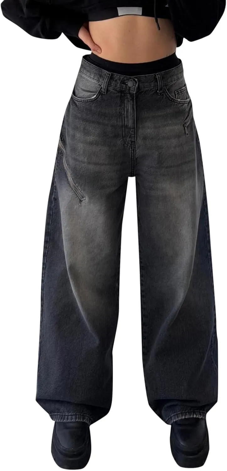 FZVYD Womens Baggy Barrel Jeans High Waisted Wide Leg Zipper Loose Boyfriend Stretchy Denim Pants Hip Hop Skateboard Trousers