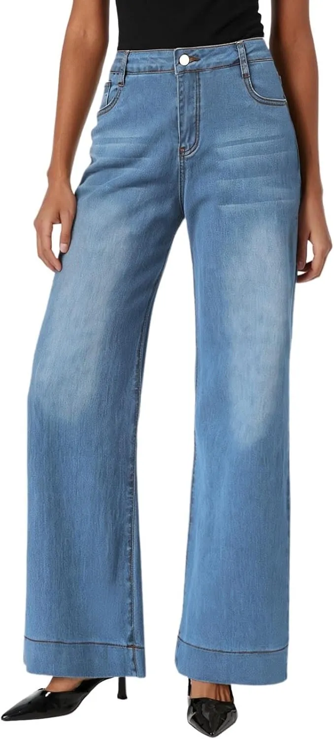 FZVYD Womens Wide Leg Jeans High Waisted Stretchy Trendy Casual Work Denim Pants Trousers Stretch Loose Trousers with Pockets